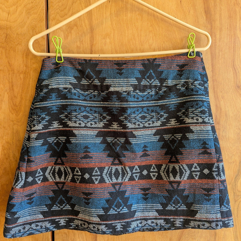 Dalia Collection Aztec A-Line Skirt in Blue & Brown